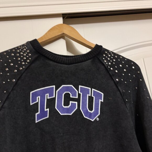 TCU Cropped Sweatshirt Womens Small Gameday Couture Studded Sleeves Dark Gray - Picture 2 of 3